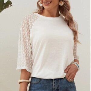 Women T-Shirts Contrast Lace Plain Casual.